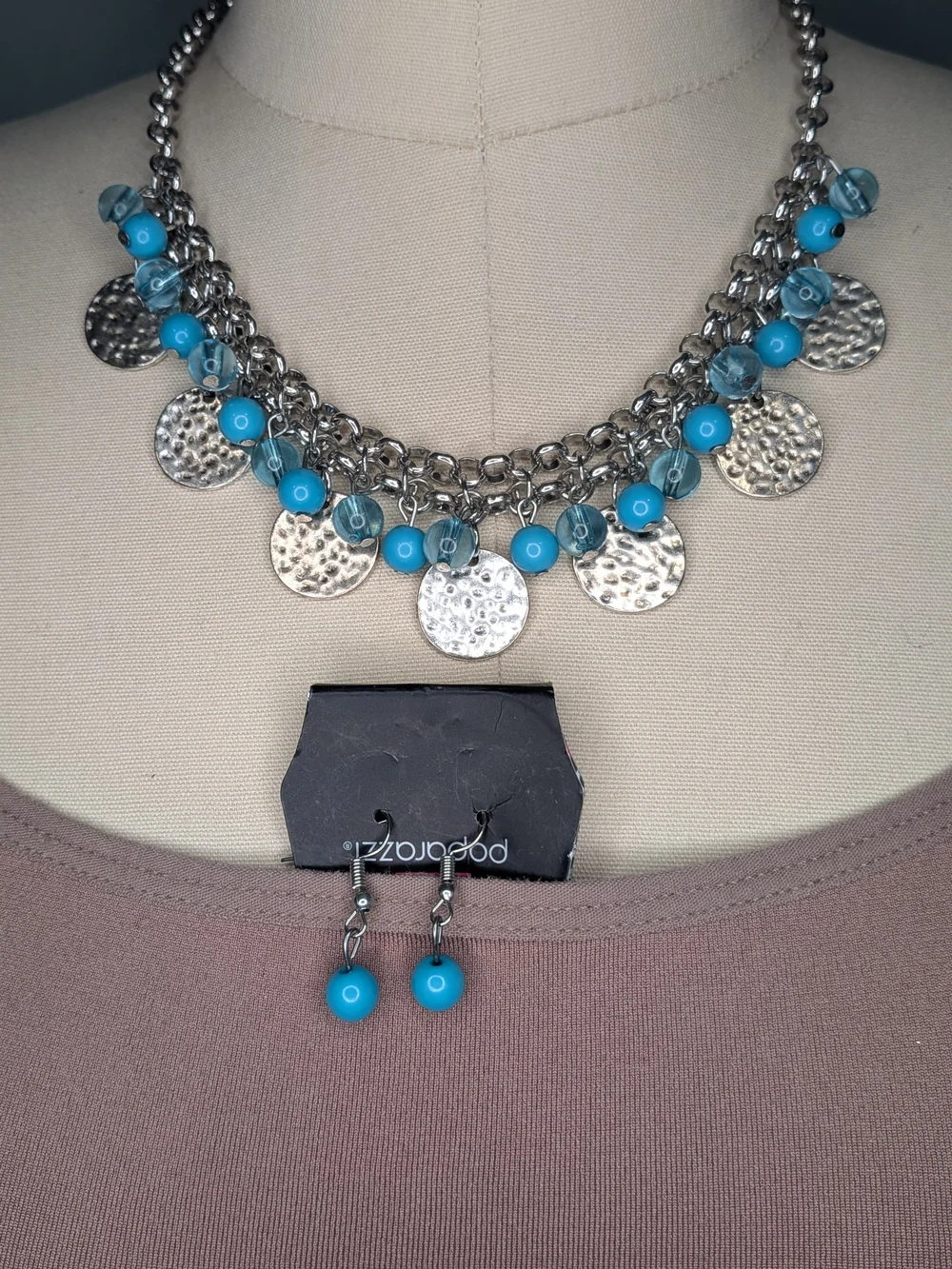 Paparazzi Turquoise Blue Bead Hammered Silver Coin Fringe Necklace Earring Set